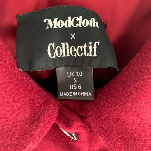 ModCloth x Collectif Coat Small UK 10 Vintage-Inspired Embroidered Cranberry - Picture 4 of 16
